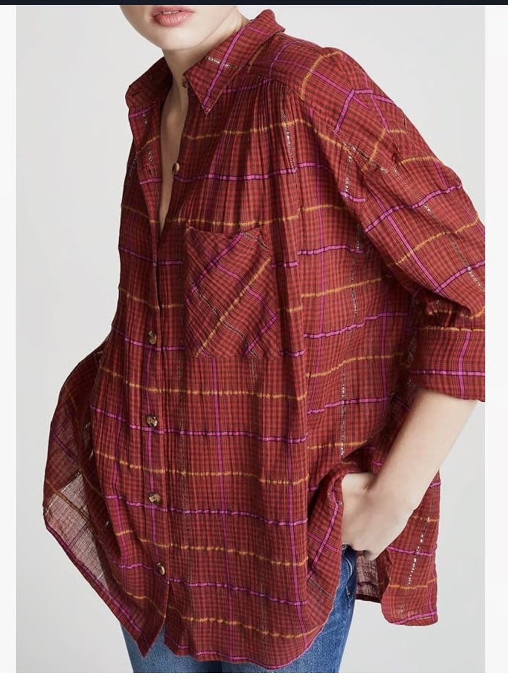 Free People Oversized Plaid Shirt Break My Stride Button Up Festival Indie Boho
